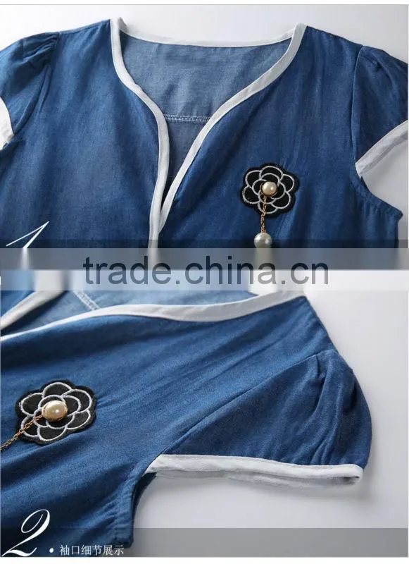 2015 Casual Women Newest Denim Dress High Qality Sleeveless Ladies fashion Denim Dress With flower