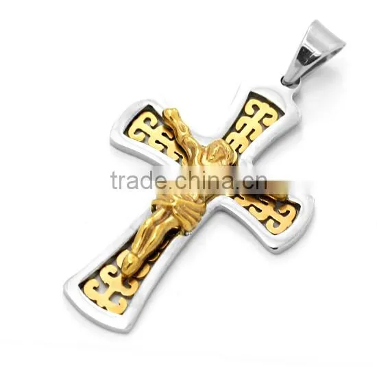 2016 New Hollow Out Stainless Steel 18K Gold Plated Jesus Cross High Polished Charm Pendant Retro Classic Catholic Necklace
