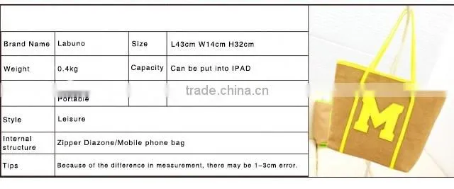 2015 New Fashion Linen Handbag Single Shoulder Bag Lady Canvas Handbag