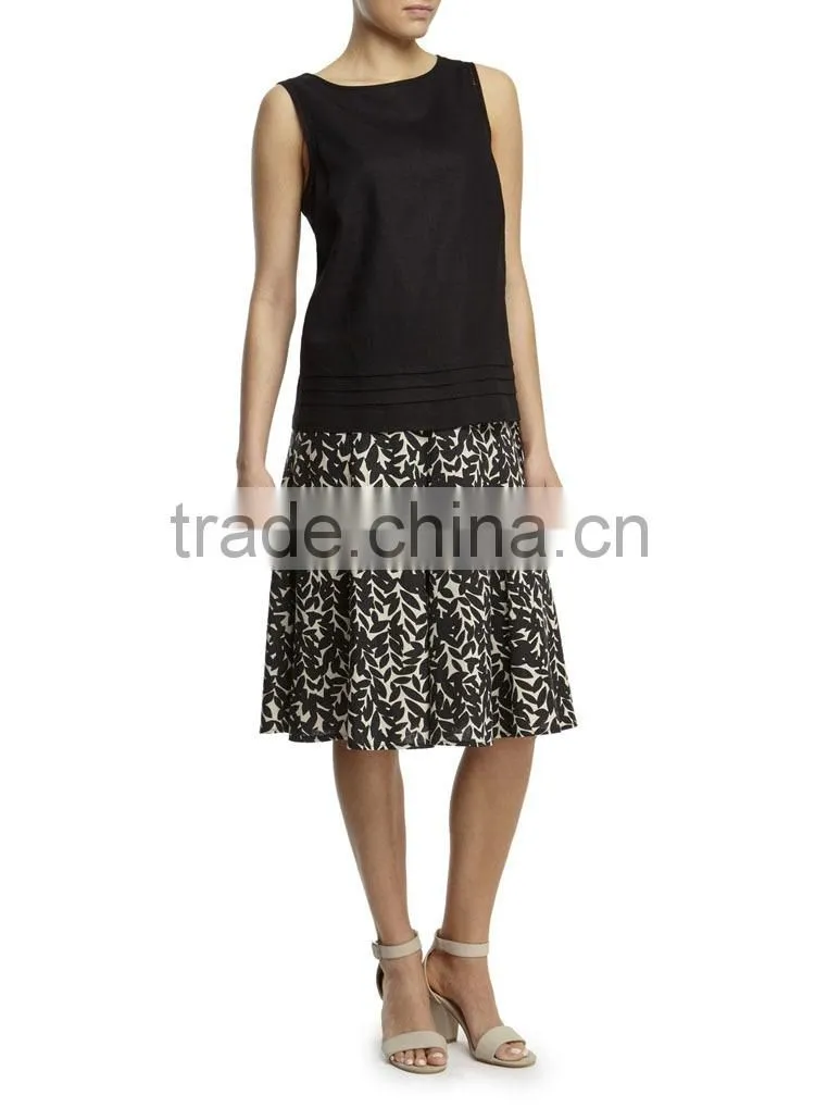 2015 European Lady Fashion Linen Leaf Printed Midi Skirt