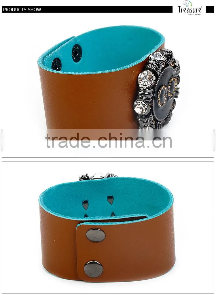 Wide leather bangle with delicate rhinestone watch shape charm bangle jewelry for unisex new design in 2016