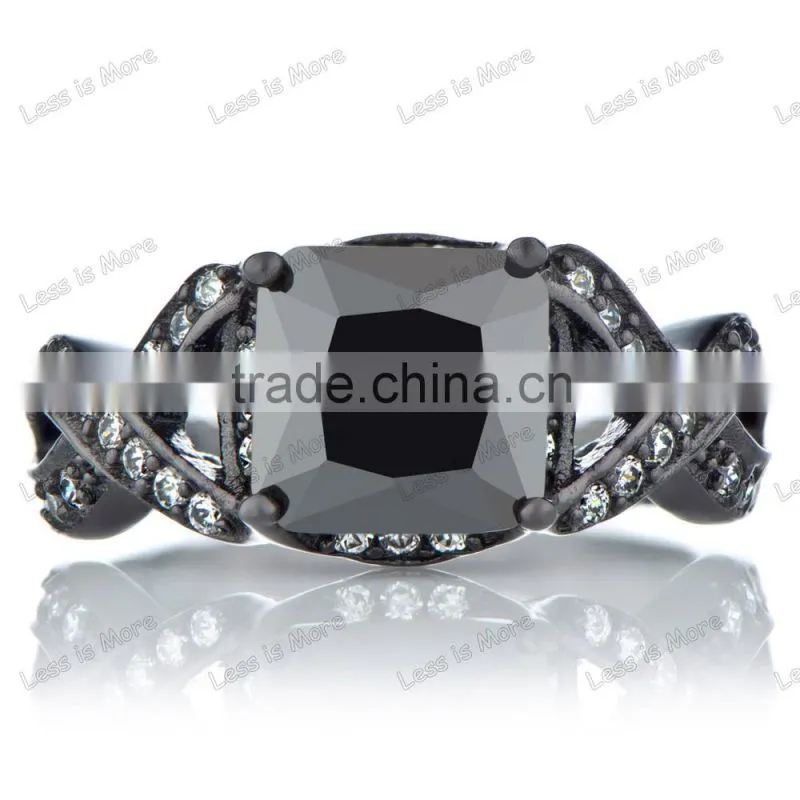 Princess Cut Black CZ Engagement Ring with band