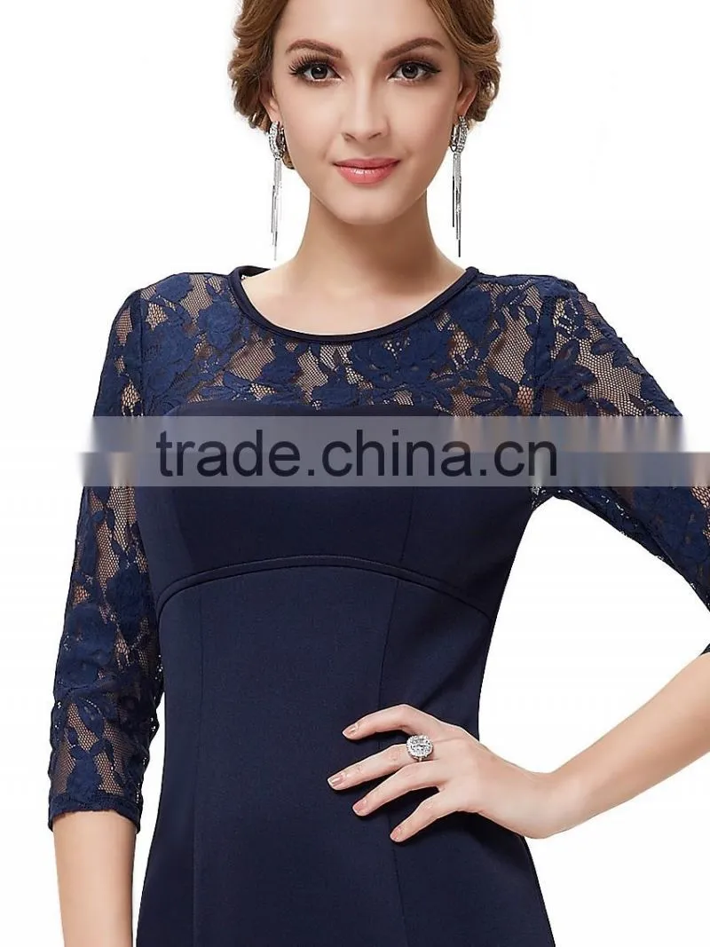 Woman new fashion design long prom dress europe style, 3/4 lace sleeve and high-low hemline see-through free prom dresses