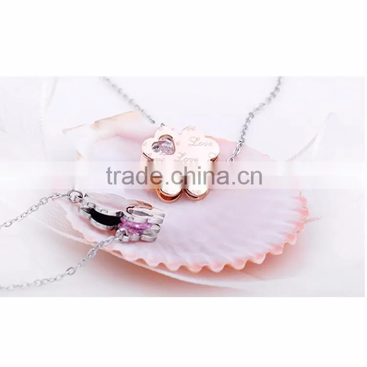 Fashion Stainless Steel Chain Necklace with Four Leaf Clover Charm and CZ