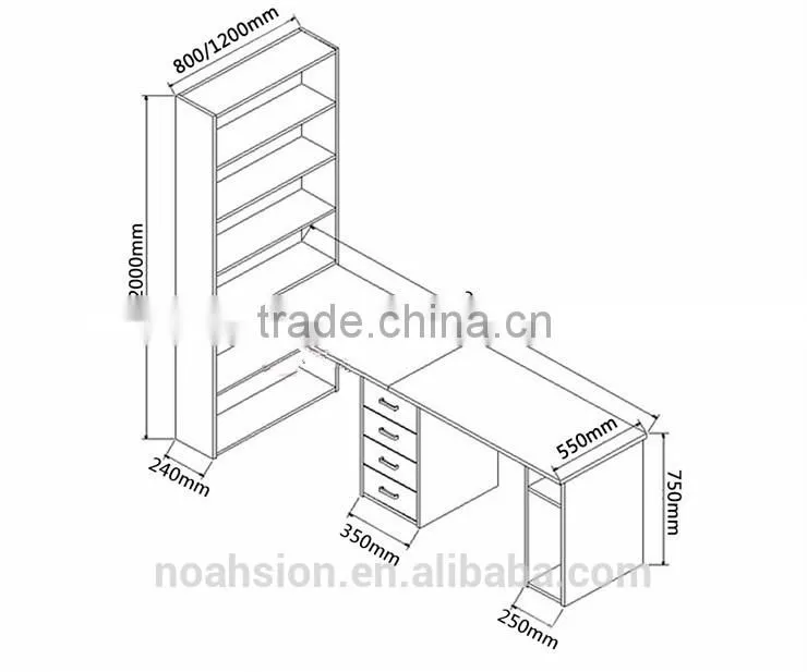 couple desktop laptop work desk with bookshelf