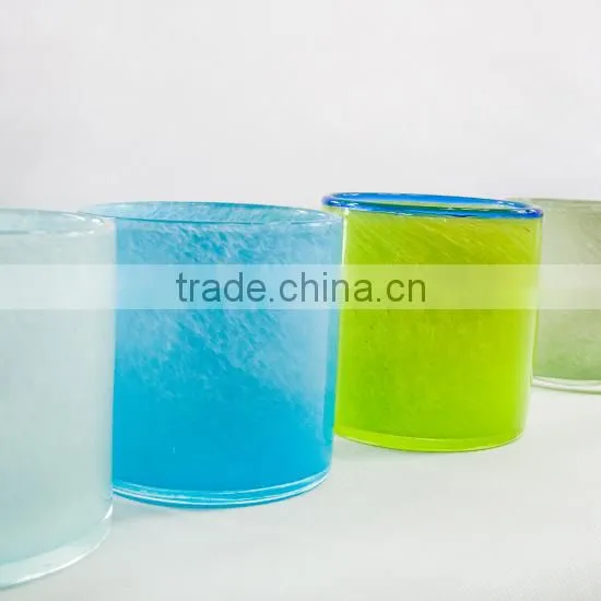 hand made glass cup glass candle cup blue colored design glass cup