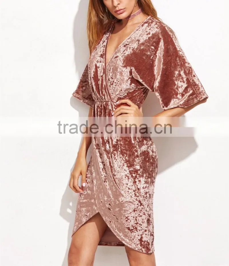 Womens Half Sleeve Crushed Velvet Wrap Dress Ladies V Neck Tunic Irregularity Velvet Knee Length Dress