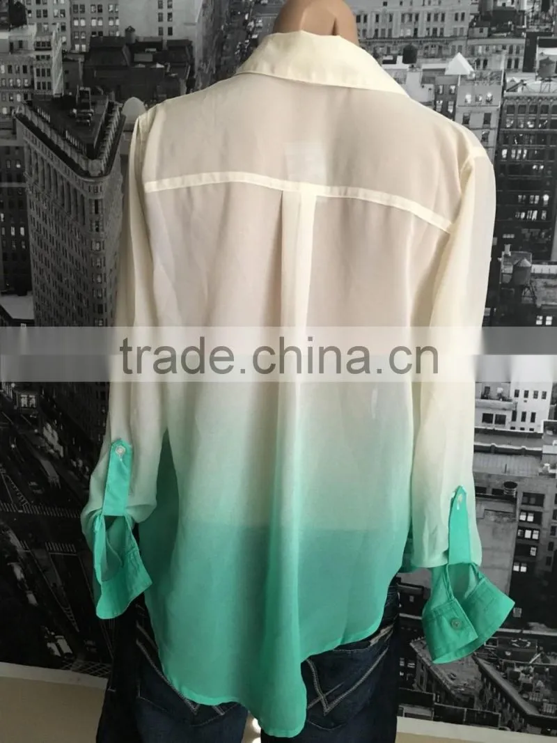 Womens Ombre Chiffon Button Down Shirt Top Long Sleeve Loose Casual Blouse
