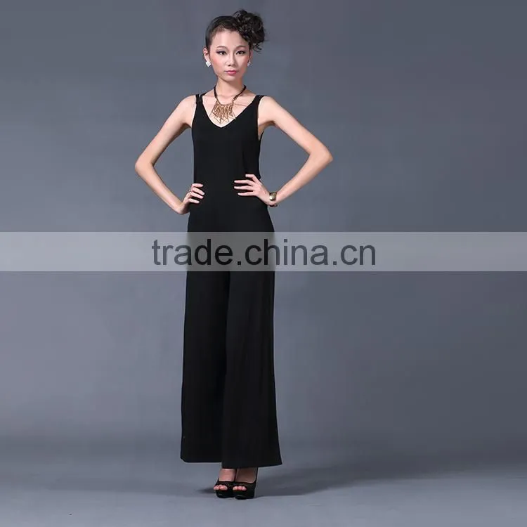 stapless women black casual V neck jumpsuit wholesale