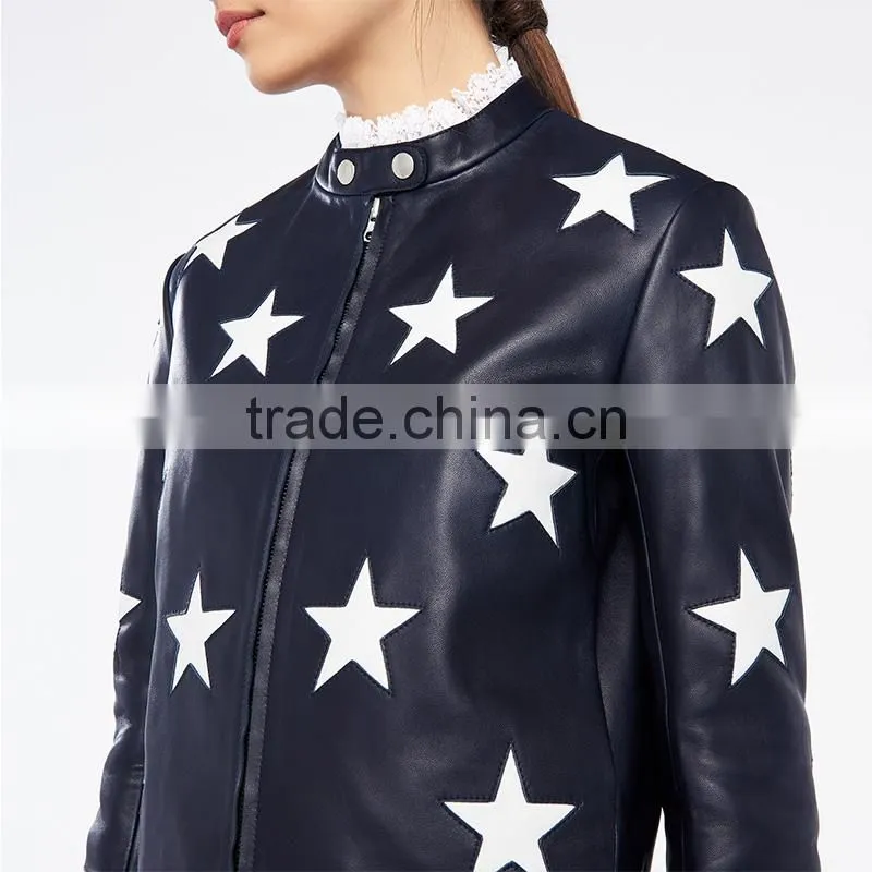 Fashion contrasting coloured stars cropped leather jackets for women