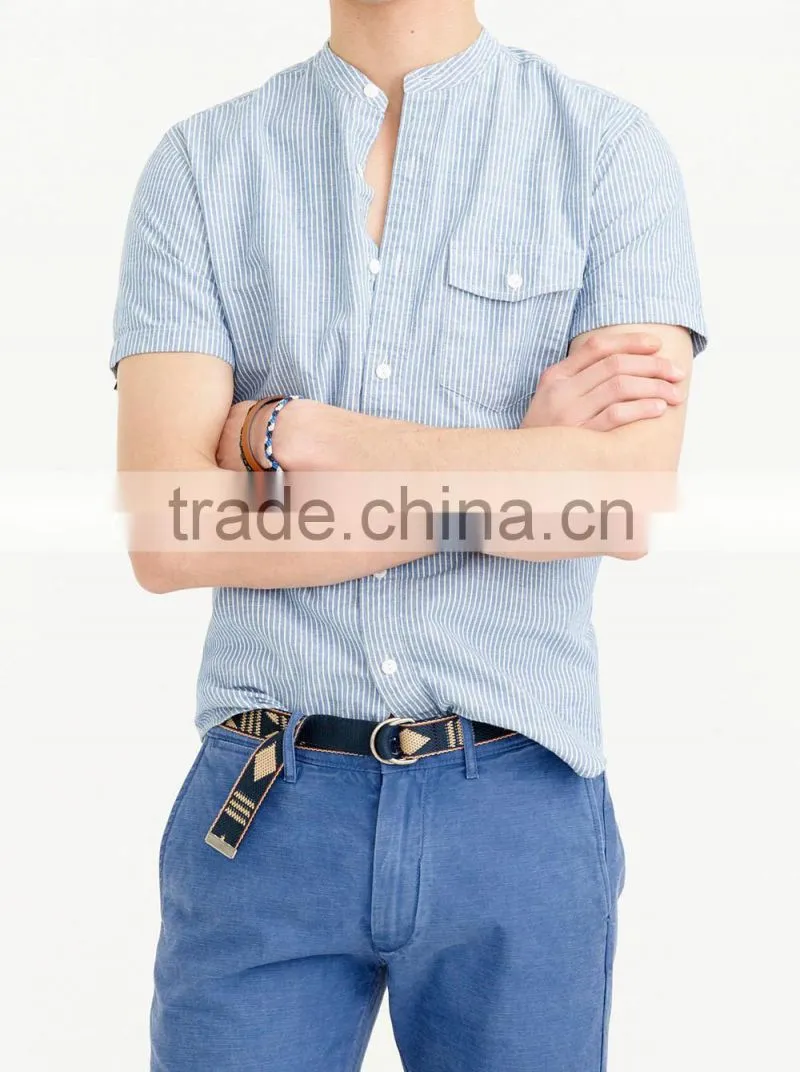 2015 classic fit short sleeve stand collar shirt in deep cove stripe classic design hot sell custom striped shirt