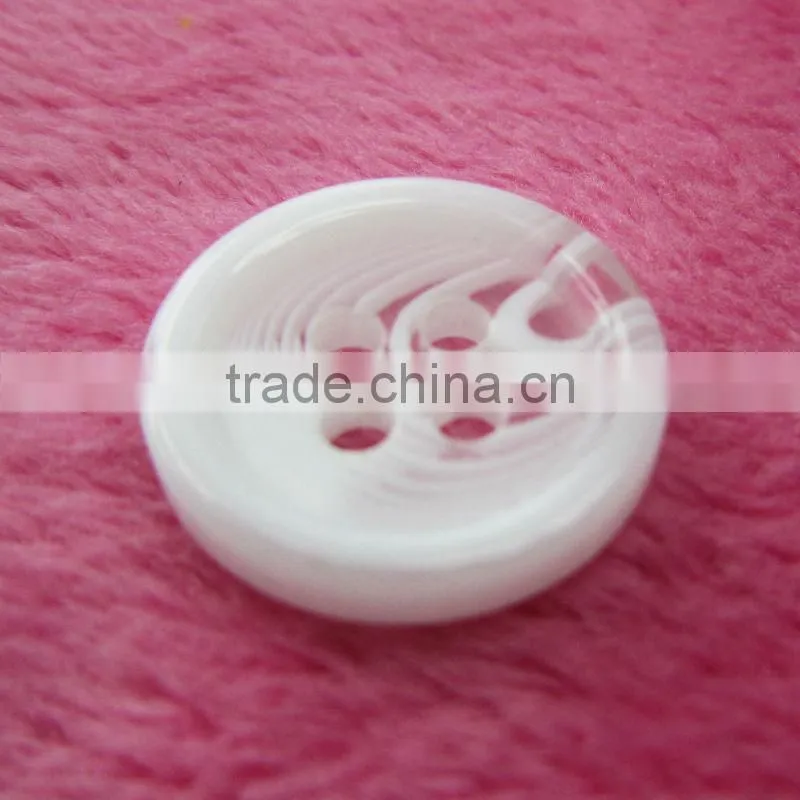 custom fancy round white color sewing four holes plastic button, polyester button