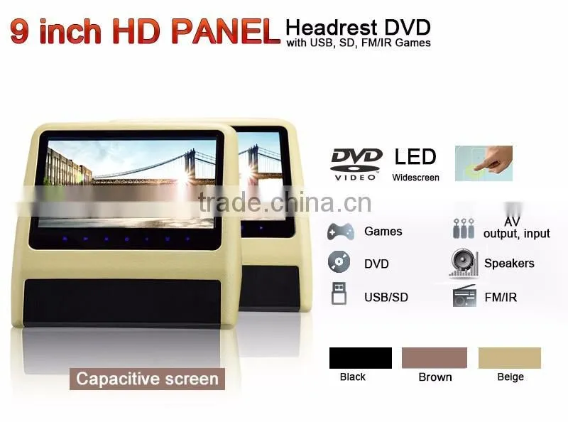 9"Headrest DVD with USB port ,SD slot,Wireless games,without pillow,auto monitor