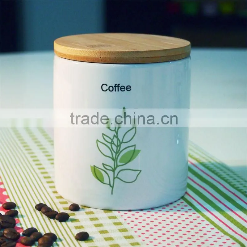 S/3 White Ceramic Canister Set with Bamboo Lid