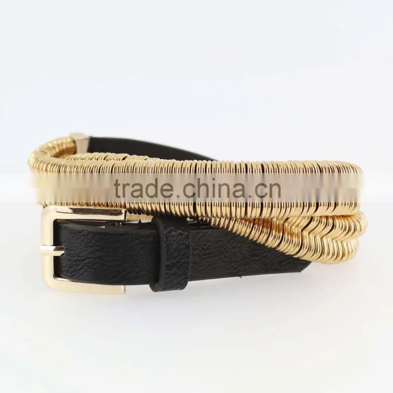 2015 fashion dress PU belt with shiny gold metal accessories in yiwu
