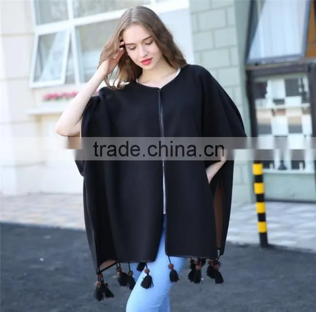 Big street PU edging latest fashion wooden beads decorated office shawl cloak