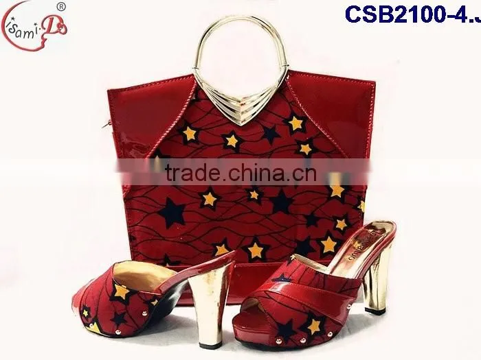 CSB2100 new coming hot sale fantastic adorable design yellow red set high heel casual slippers shoes matching bag set