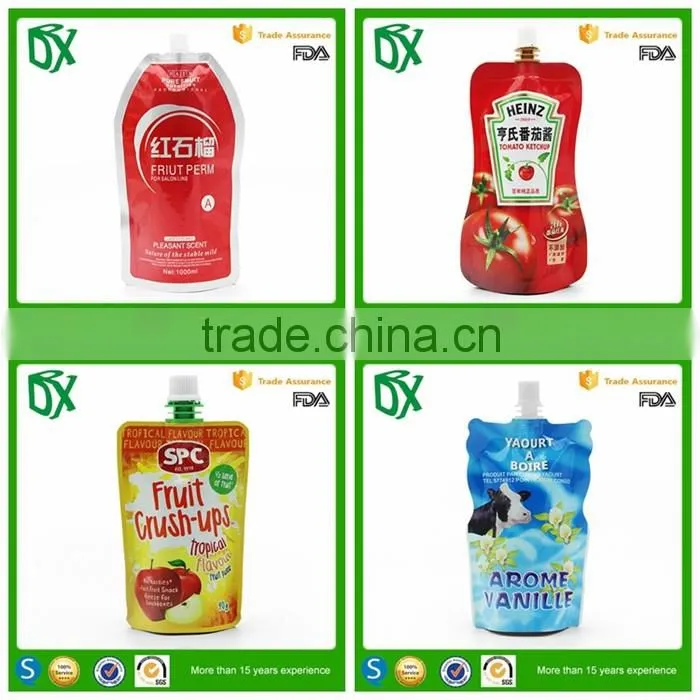 Alibaba website reusable disposable translucent flexible frozen plastic stand up spout juice bags