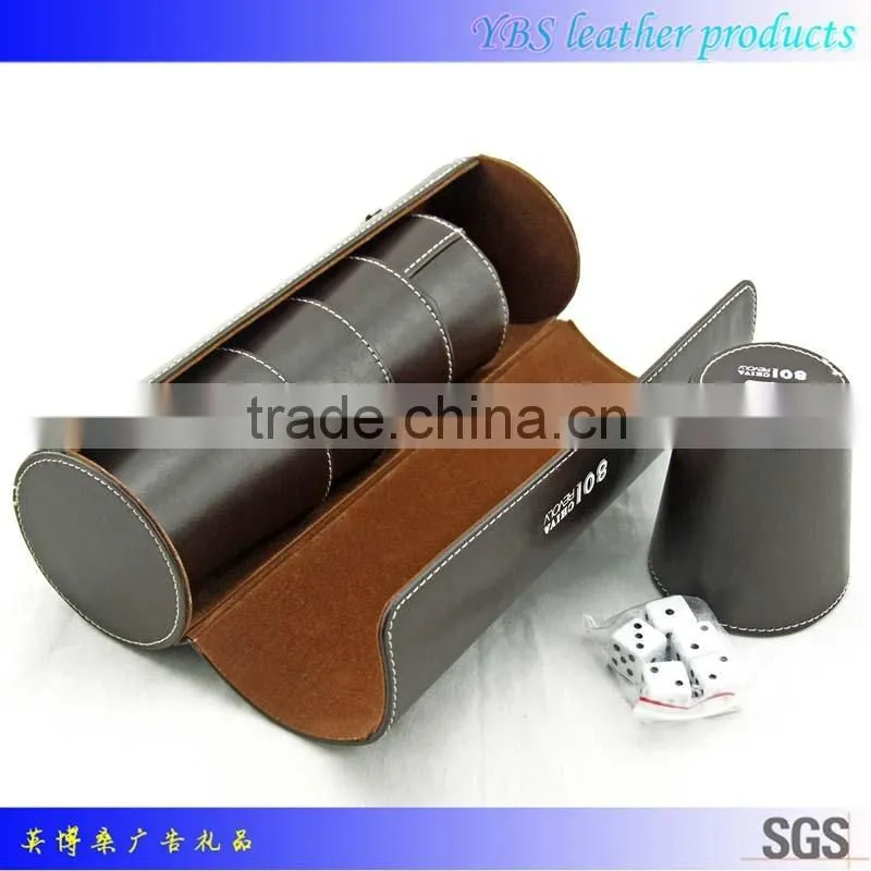 Dark brown leather dice cup game set