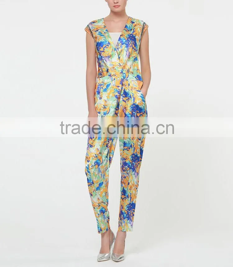 Wholesale fantasy print capri woman sleeveless long jumpsuits for summer