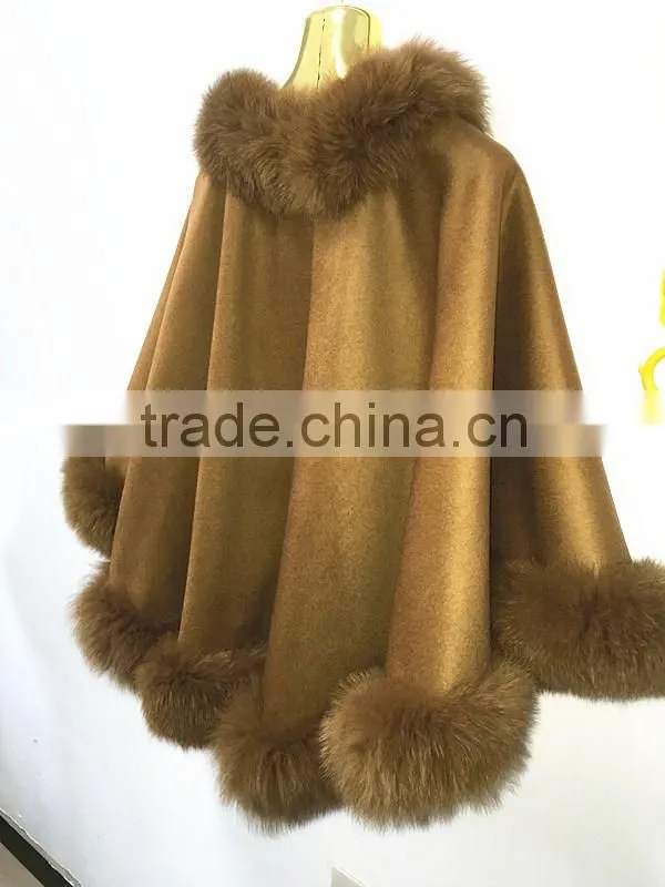 OEM women wholesale hebei camel cashmere and fox fur trim cape