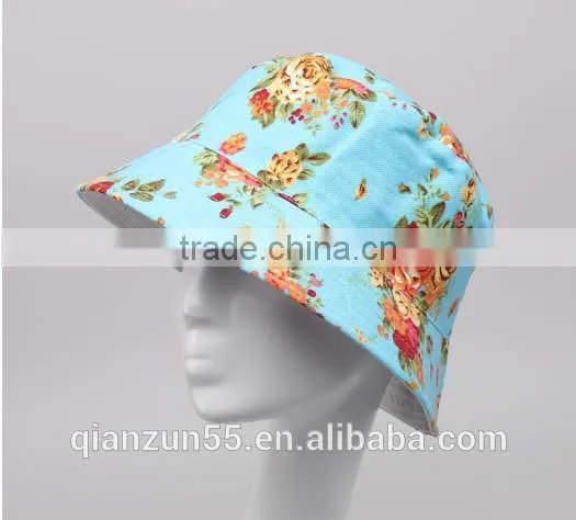 blue wide short brim custom streetwear floral 100% cotton flower print pattern bucket hat