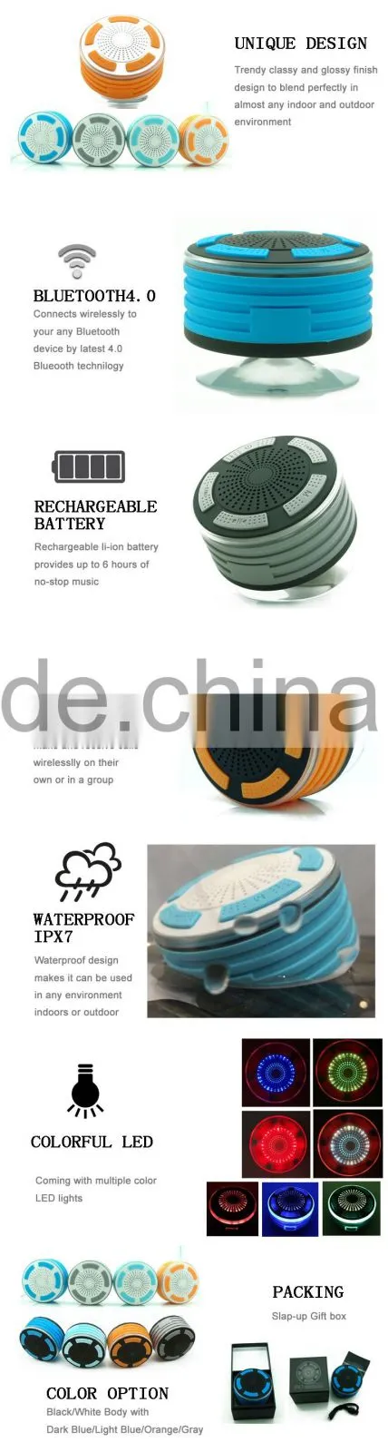 2016 new technology product LED IPX7 waterproof bluetooth shower speaker with FM radio