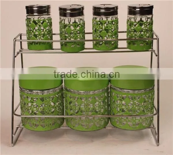 glass spice jar bottle set glass canister with light green metal shelf