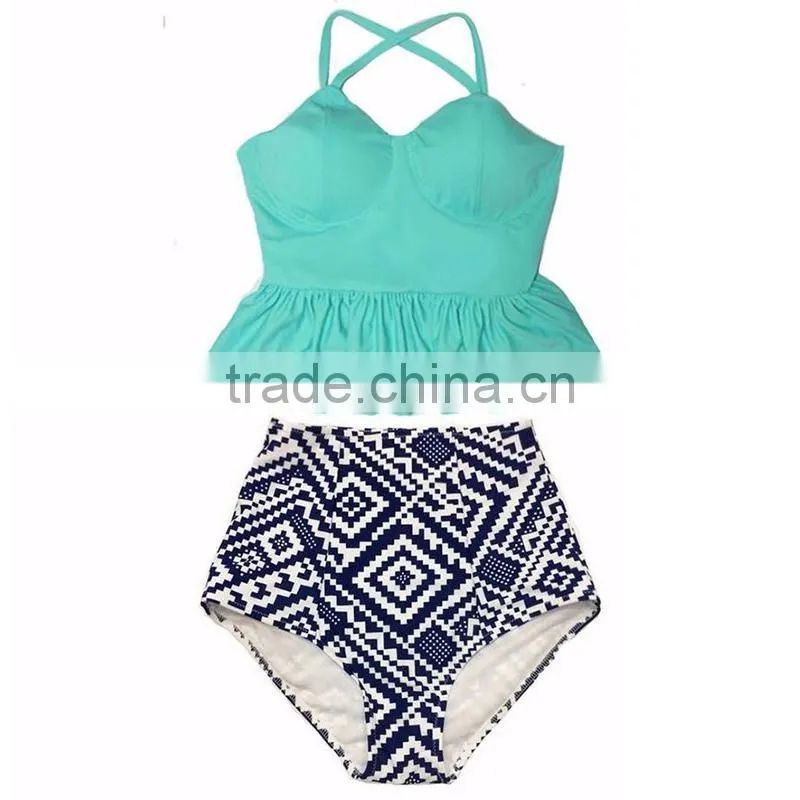 New fashion hot selling swimsuit with Small Flounce Top Quality mature women high waist bikini