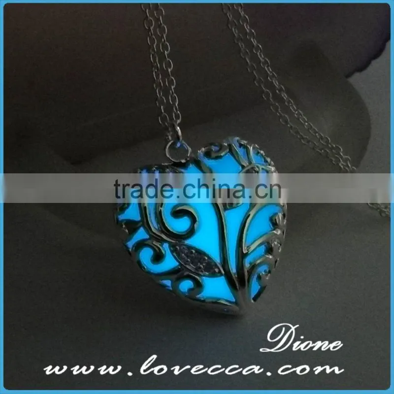 Heart necklace Magical Aqua Blue Tree Heart Glow In Dark Luminous Pendant Necklace