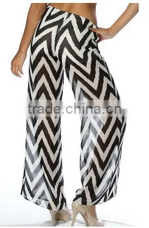 ladies pinkclubwear mid rise wide leg chevron print chiffon palazzo pants
