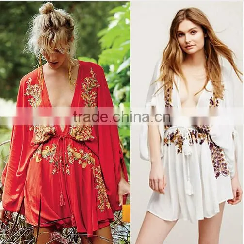 Wholesale V-neck Maxi Design Top Black Long Sleeve Embroidery Sexy Mini Top