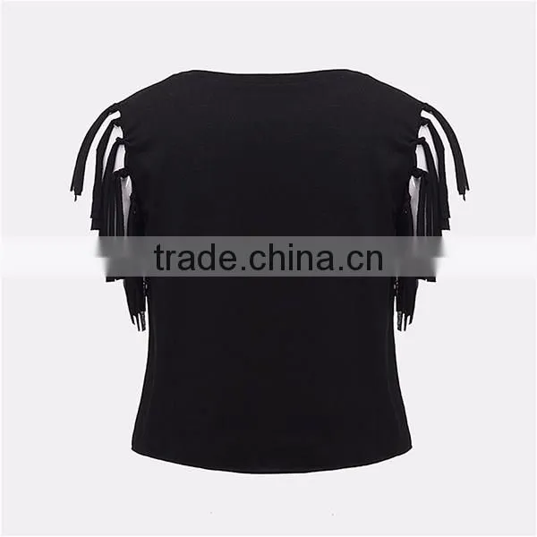 sexy tassel short mini t-shirt custom tank top black white sleeveless t shirt