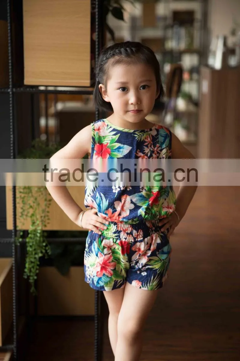 fashion girl sleeveless blouse and panty set 100% viscose blouse set for baby girl printed flower dress vacation cloth set