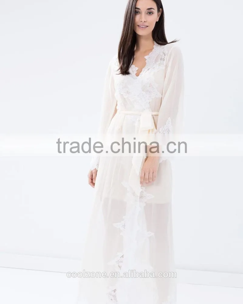 Sexy relaxed fit tie-up front sheer lace bath robe for women