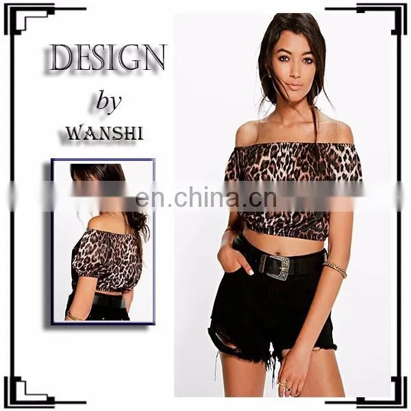 High quality women clothing Leopard Print Off The Shoulder plain crop tops wholesale