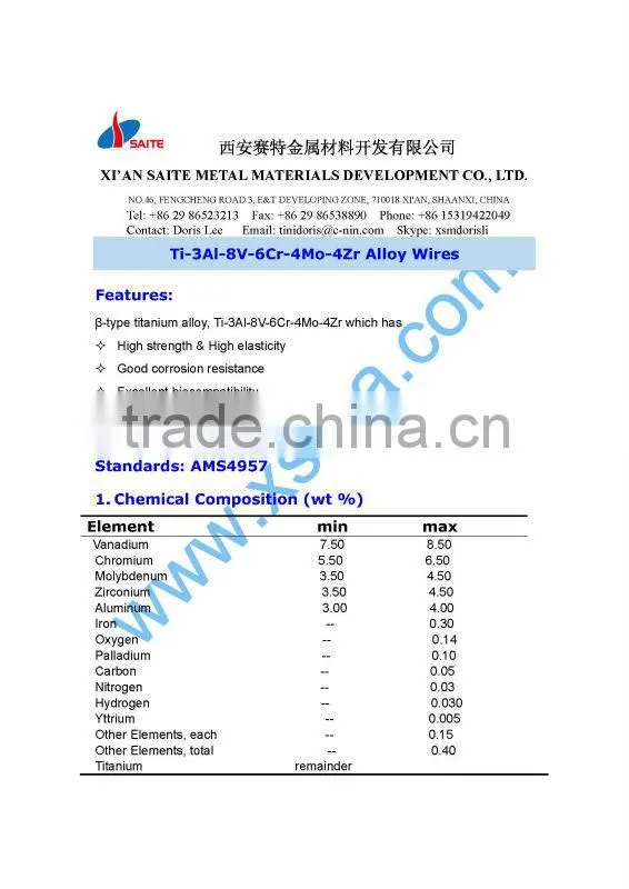 GR.19 (Ti-3Al-8V-6Cr-4Mo-4Zr) beta titanium wire for titanium spring