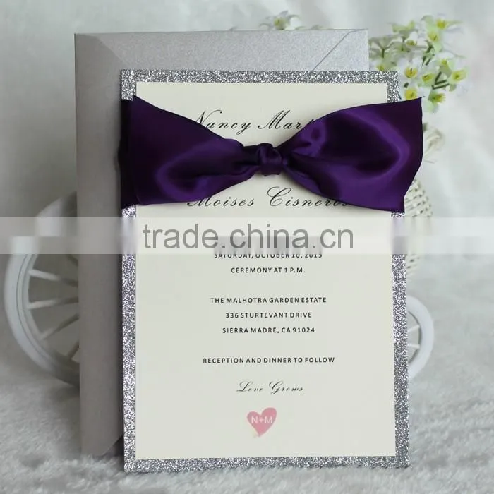Elegant Card Royal Purple Ribbon Silver Glitter Paper Wholesale