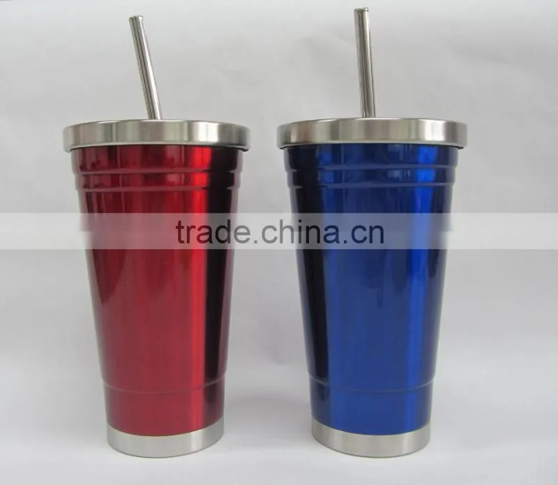 Tumbler, travel mug, vacuum double wall, stainless steel with straw