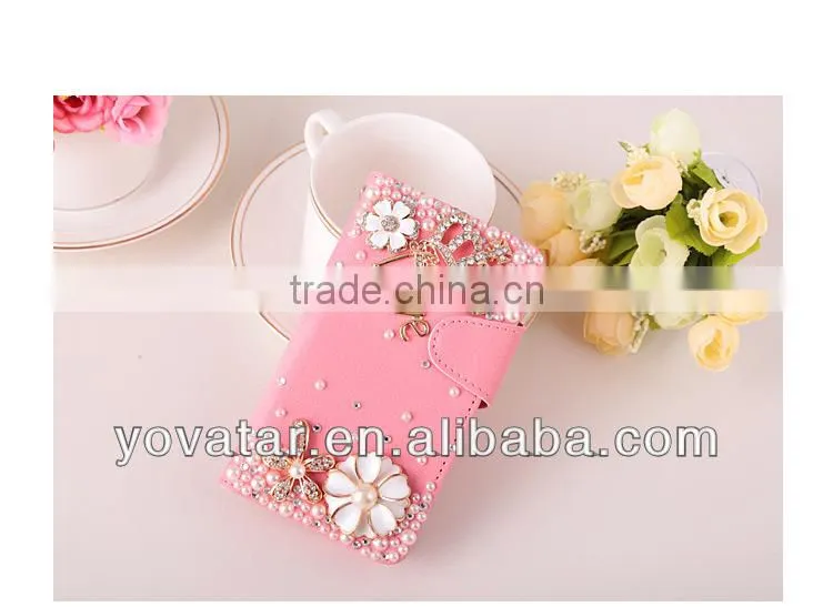 2014 New design pearl diamond card holder pu leather wallet case for iphone5