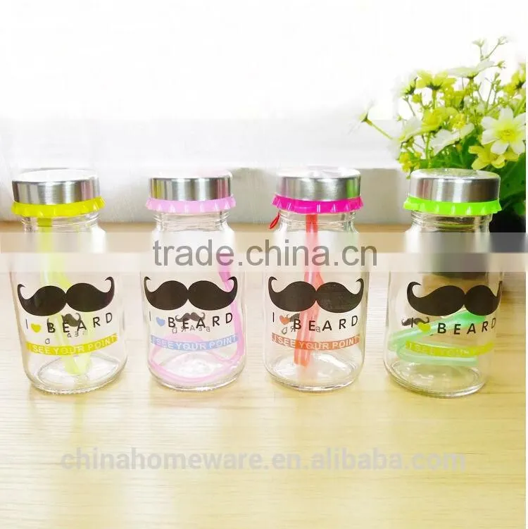 2014year wholesale sealing up lovely mustache water frosted glass bottle student carrying bottles