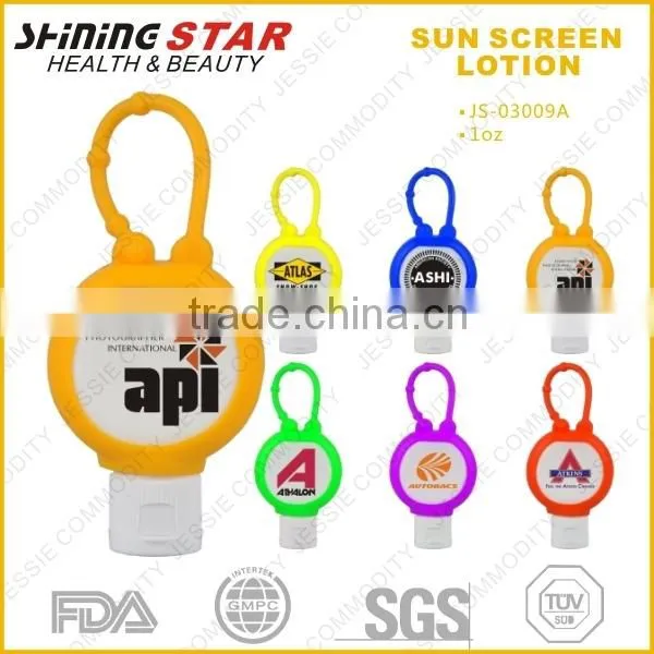 JS-03009A 2015 new design sunscreen lotion 30ml with silicon holder