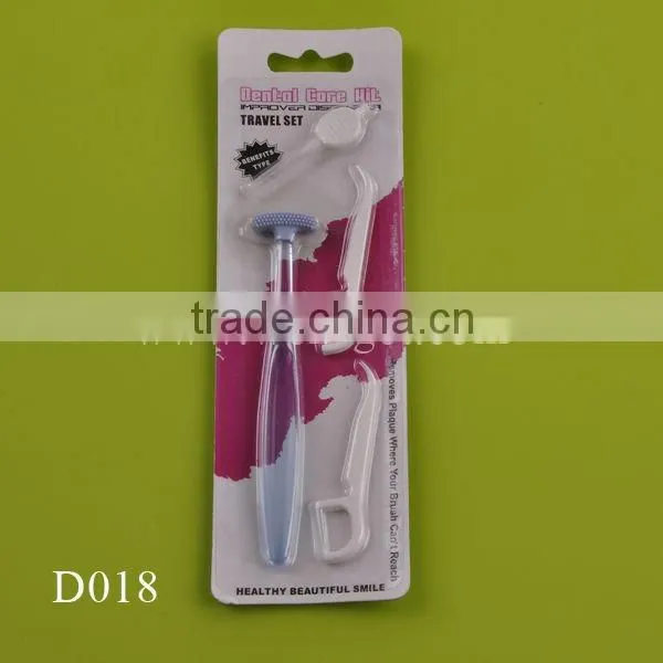 Plastic tongue cleaner with floss pick and interdental brush