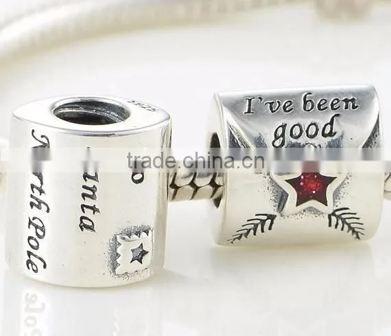 100% 925 Sterling Silver Letter to Santa with Red Enamel Charm Bead
