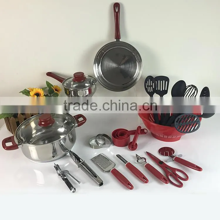kitchen accessories stainless steel saucepan non-stick cooking pot cookware set with nylon kitchen utensils