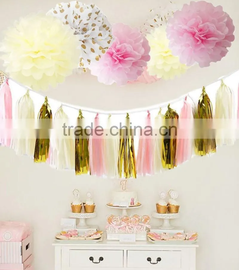 Tissue Pompom Balls Paper Tassels and Garland Tassel Garlands for Baby Shower Decoration Bridal Shower Pink Gold First Birthday