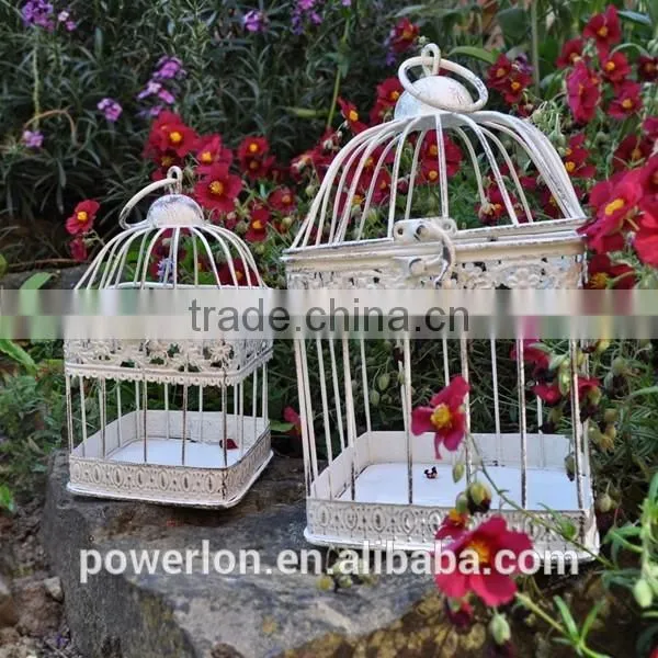 Elegant patio decoration antique white metal S/2 bird cage flower holder