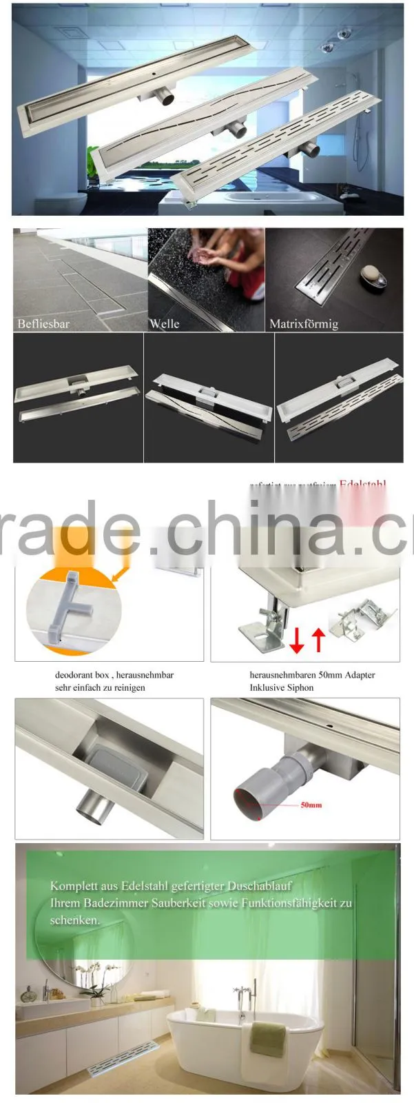 Linear shower drain stainless steel floor drain