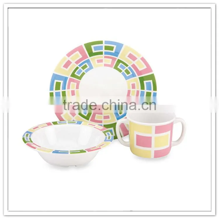 LFGB Child safe melamine plate& bowl& 2 handles cup, 3pcs kids hot sell dinner sets