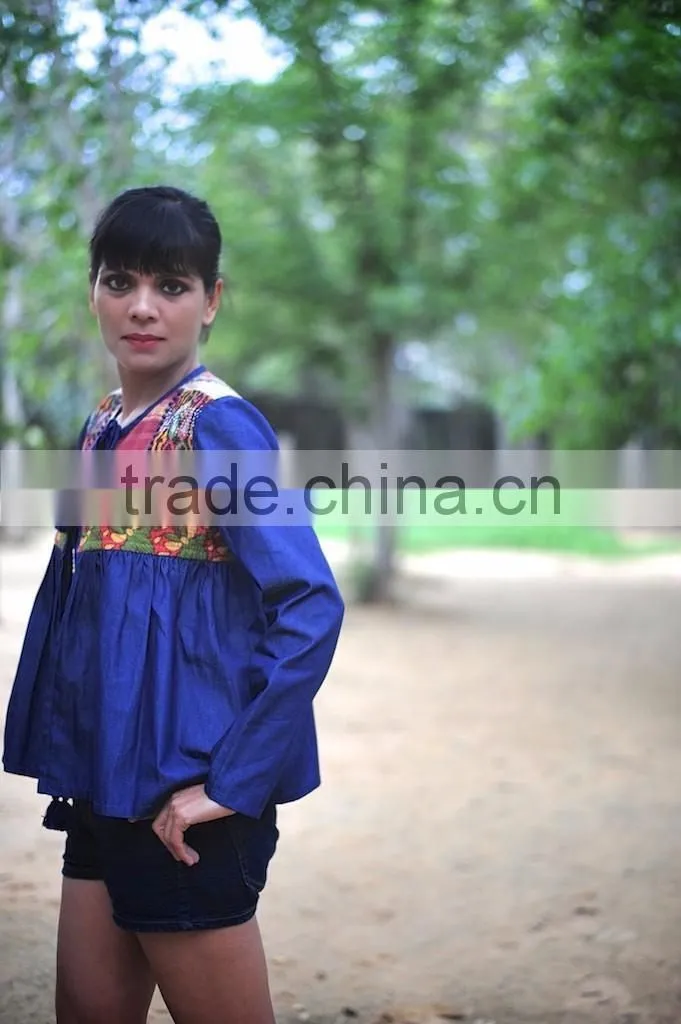 Denim Jacket in Kediyu Style with Vintage Kantha Fabric ~ Medium